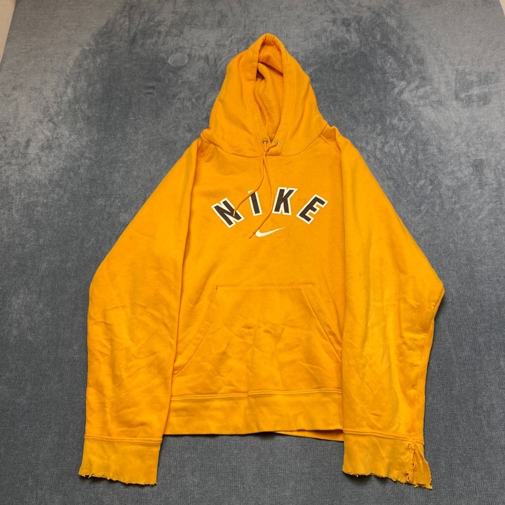 Y2K Nike Hoodie Men Small Yellow Center Swoosh Logo Fleece Lined Grey Tag